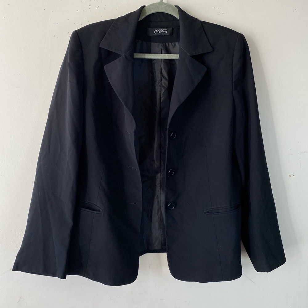 KASPER Black Blazer Jacket Medium 90s Minimalist Dark Academia Office Siren Goth - Picture 2 of 7